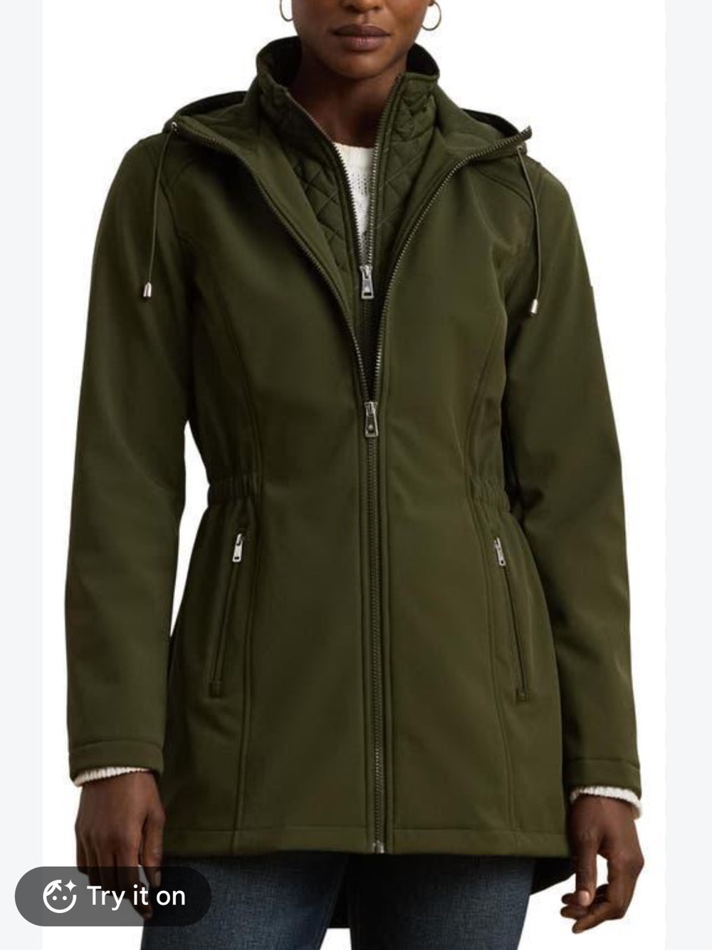 Lauren Ralph Lauren Olive Hooded Soft-Shell Full Zip Jacket. Small Petite.